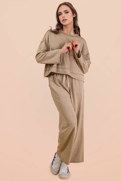 Mineral Washed Casual Knit Top & Pants Set