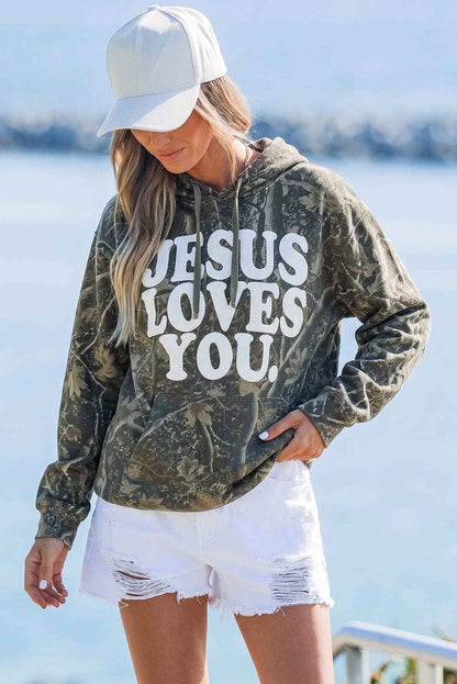 Retro Camouflage Jesus Loves You Print Relaxed Hoodie