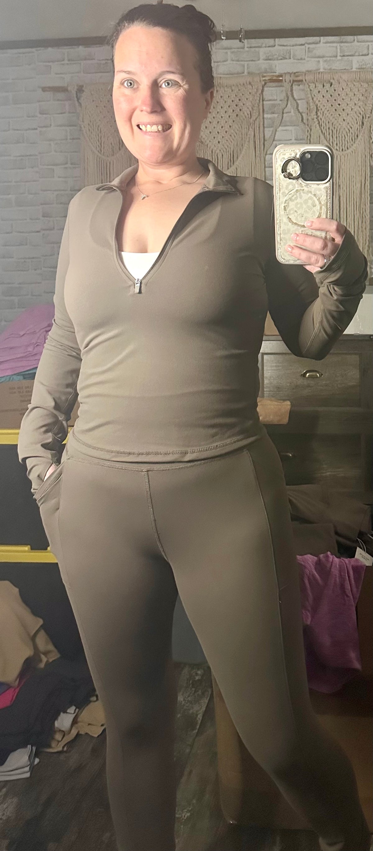 Long Sleeve Thumbhole Detail Zippered Mock Neck Workout Set