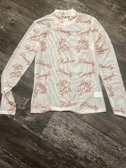 Howdy Hey Yall Mesh High Neck Long Sleeve Top