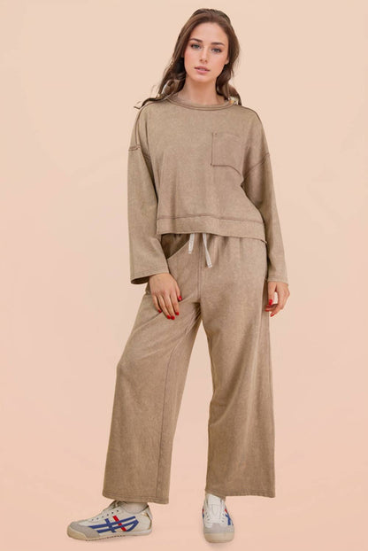 Mineral Washed Casual Knit Top & Pants Set