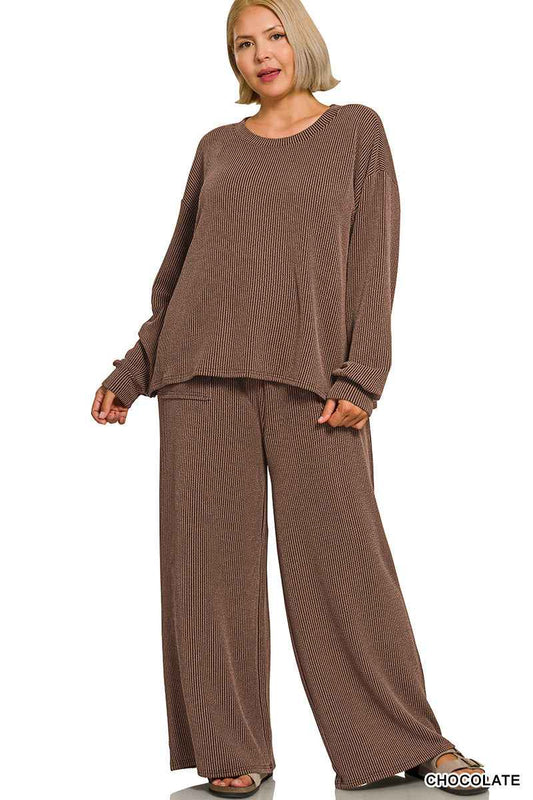 Plus RAISED RIB ROUND NECK PULLOVER & PANTS SET