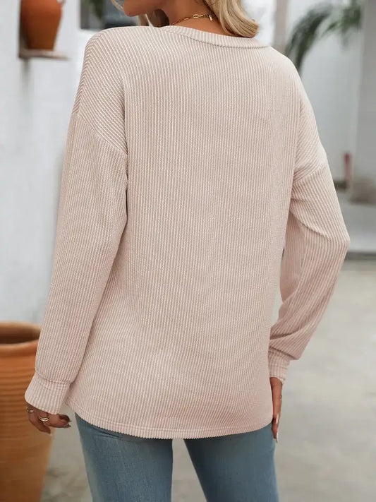 Ribbed V-Neck Long Sleeve Loose Knit Top