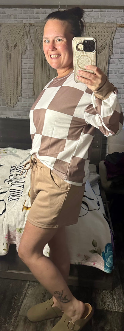 Plaid Colorblock Long Sleeve Two Piece Shorts Set