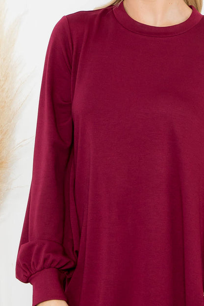 LONG PUFF SLEEVE FRENCH TERRY DRESS WITH POCKETS