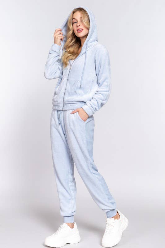 Long Sleeve Faux Fur Hoodie Jacket & Jogger Pants Set