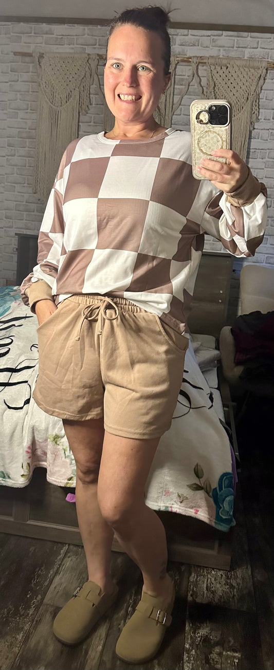 Plaid Colorblock Long Sleeve Two Piece Shorts Set