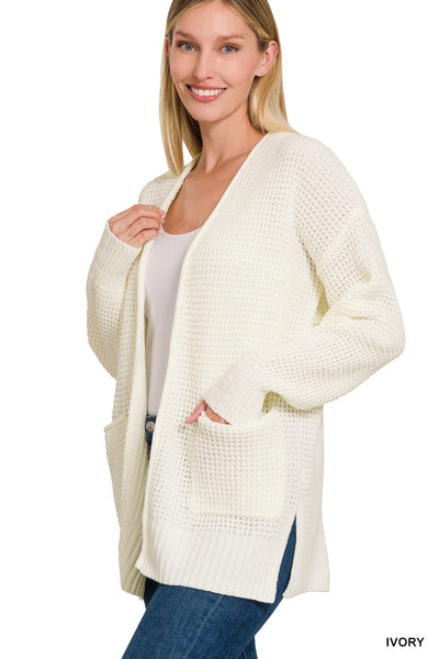 Low Gauge Waffle Knit Open Cardigan Sweater