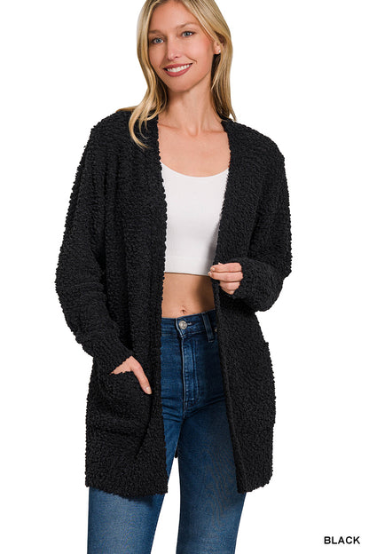 LONG SLEEVE POPCORN SWEATER CARDIGAN WITH POCKETS