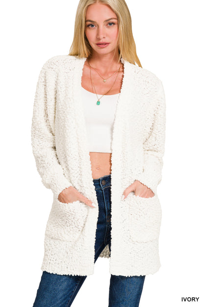 LONG SLEEVE POPCORN SWEATER CARDIGAN WITH POCKETS