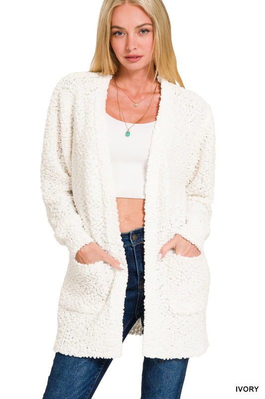 LONG SLEEVE POPCORN SWEATER CARDIGAN WITH POCKETS