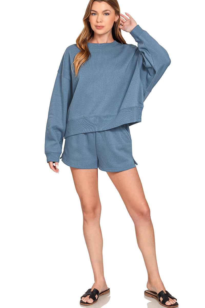 FLEECE ROUND NECK PULLOVER & SHORTS SET