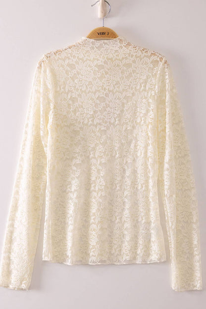 High Neck Sheer Mesh Lace Knit Top - Elegant & Stylish