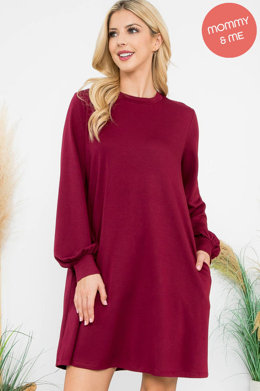 LONG PUFF SLEEVE FRENCH TERRY DRESS WITH POCKETS