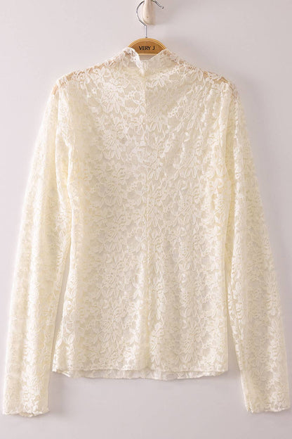 High Neck Sheer Mesh Lace Knit Top - Elegant & Stylish