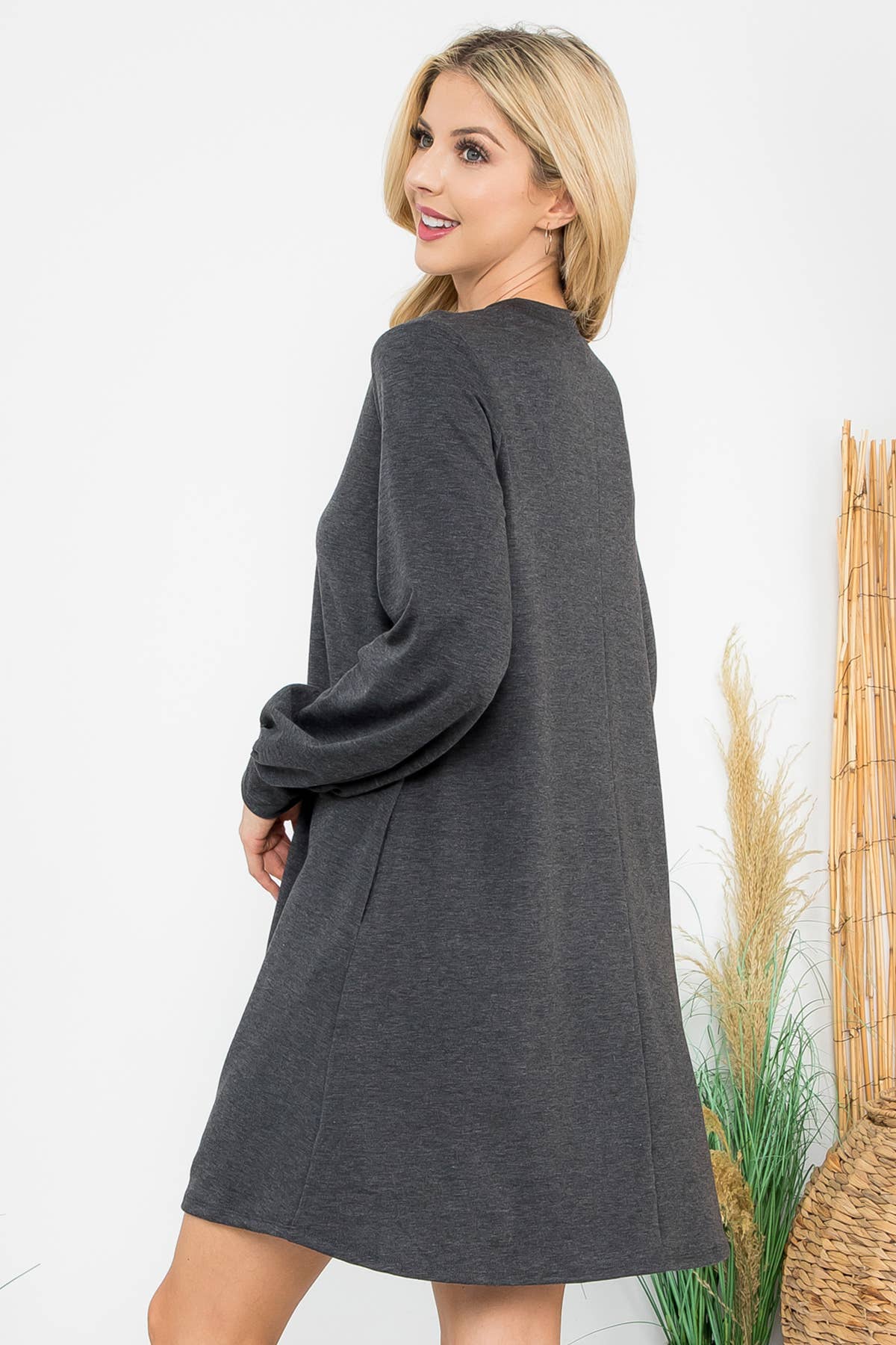 LONG PUFF SLEEVE FRENCH TERRY DRESS WITH POCKETS